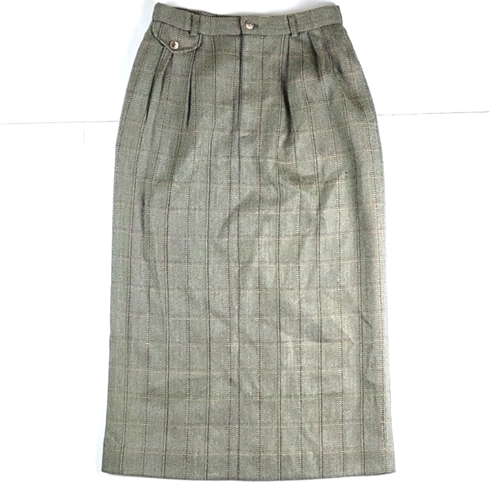 Vintage 80s Talbots Wool Blend Olive Green Plaid Tweed Pleated Pencil Midi Skirt - Picture 2 of 16